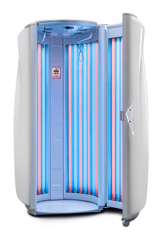 Ultrasun E5 stand-up tanning bed in Dream White Metallic with CollaTan Lamps