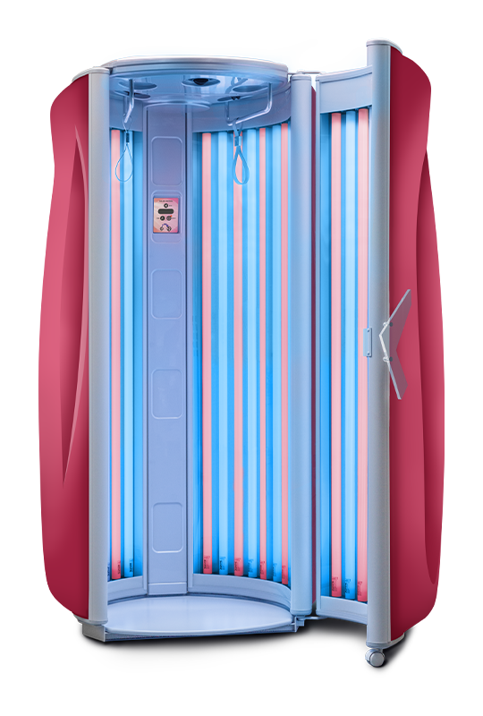 Ultrasun E5 stand-up tanning bed in Fancy Red Metallic with Hybrid Lamps