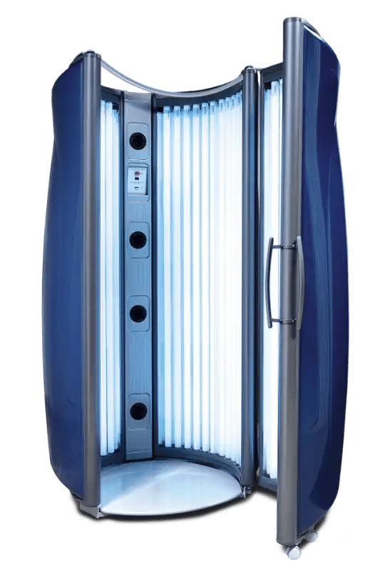 An open, dark blue stand-up Ultrasun Powertower tanning booth with glowing vertical UV tubes and a silver handle on the door.