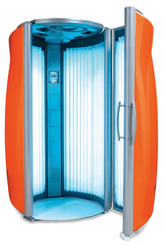 An open, bright orange stand-up Ultrasun Powertower tanning booth revealing vertical UV tubes, a control panel, and an overhead blue cooling fan system.