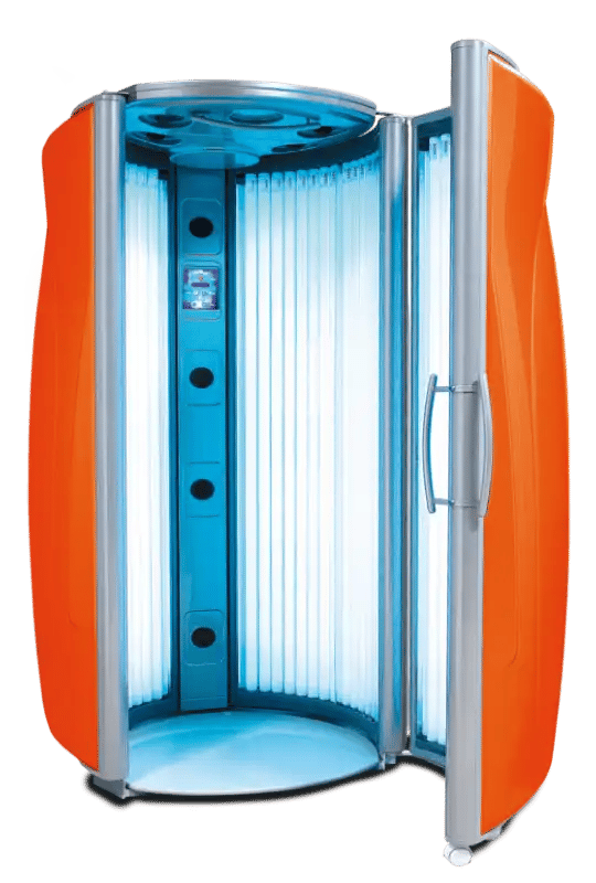 An open, bright orange stand-up Ultrasun Powertower tanning booth featuring vertical glowing UV tubes and a column of black cooling vents.