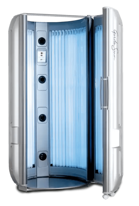 A silver, stand-up Gardasun tanning booth with its door open, showing glowing vertical UV tubes and an internal control panel.