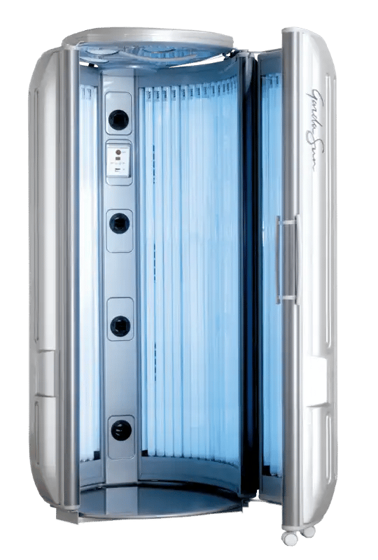 A silver, stand-up Gardasun tanning booth with the door open, displaying illuminated vertical UV tubes and an overhead ventilation unit.