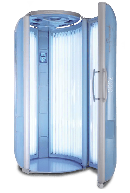 A silver, stand-up Gardasun tanning booth with the door open, displaying illuminated vertical UV tubes and an overhead ventilation unit.