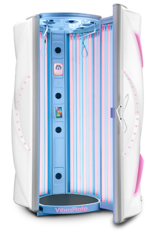 Open i8 upright sunbed in Dream White Metallic