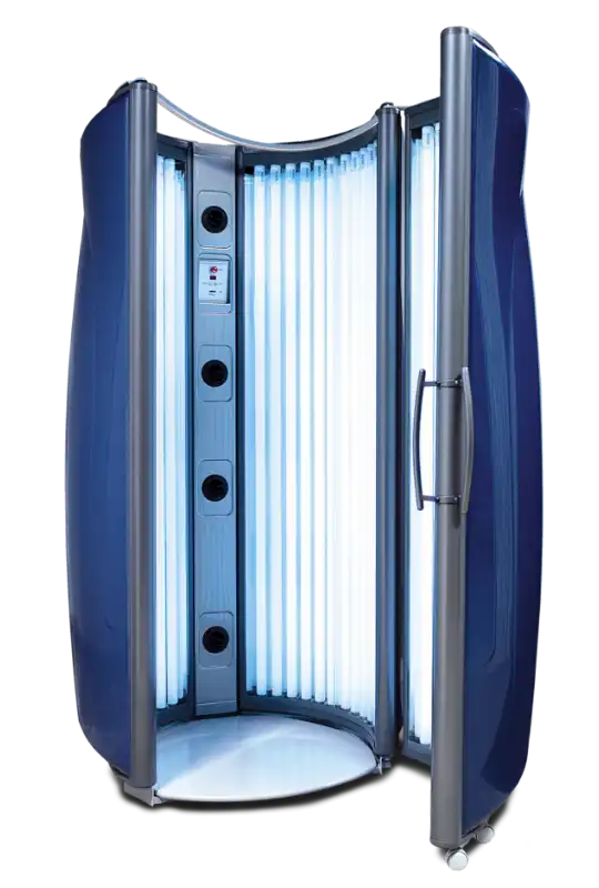 An open, dark blue stand-up Ultrasun Powertower tanning booth with glowing vertical UV tubes and a silver handle on the door.
