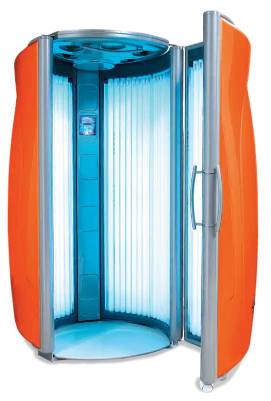 An open, bright orange stand-up Ultrasun Powertower tanning booth revealing vertical UV tubes, a control panel, and an overhead blue cooling fan system.