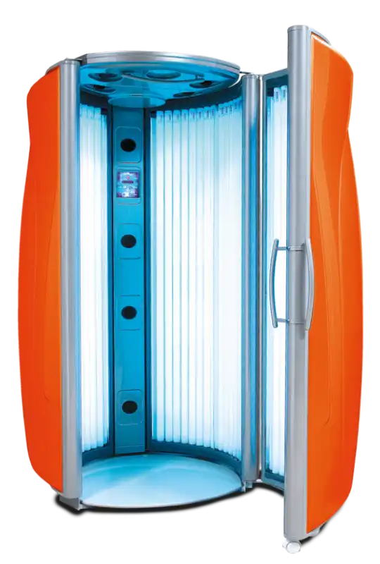 An open, bright orange stand-up Ultrasun Powertower tanning booth featuring vertical glowing UV tubes and a column of black cooling vents.
