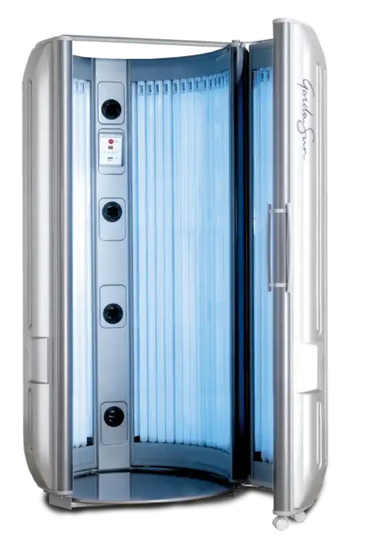 A silver, stand-up Gardasun tanning booth with its door open, showing glowing vertical UV tubes and an internal control panel.