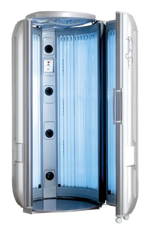 A silver, stand-up Gardasun tanning booth with the door open, displaying illuminated vertical UV tubes and an overhead ventilation unit.