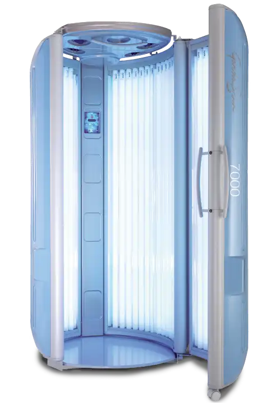 A silver, stand-up Gardasun tanning booth with the door open, displaying illuminated vertical UV tubes and an overhead ventilation unit.