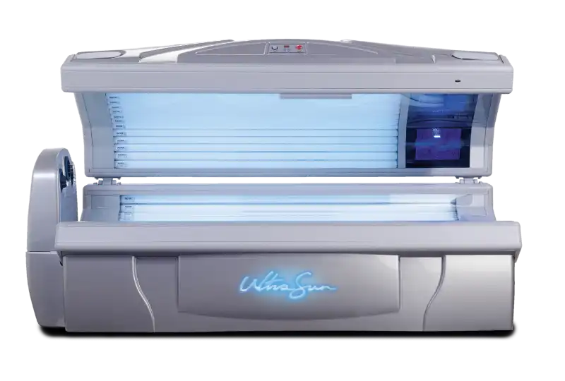 An open, bright orange and silver lie-down Ultrasun Q15 tanning bed with illuminated blue UV and facial lamps and an acrylic base.